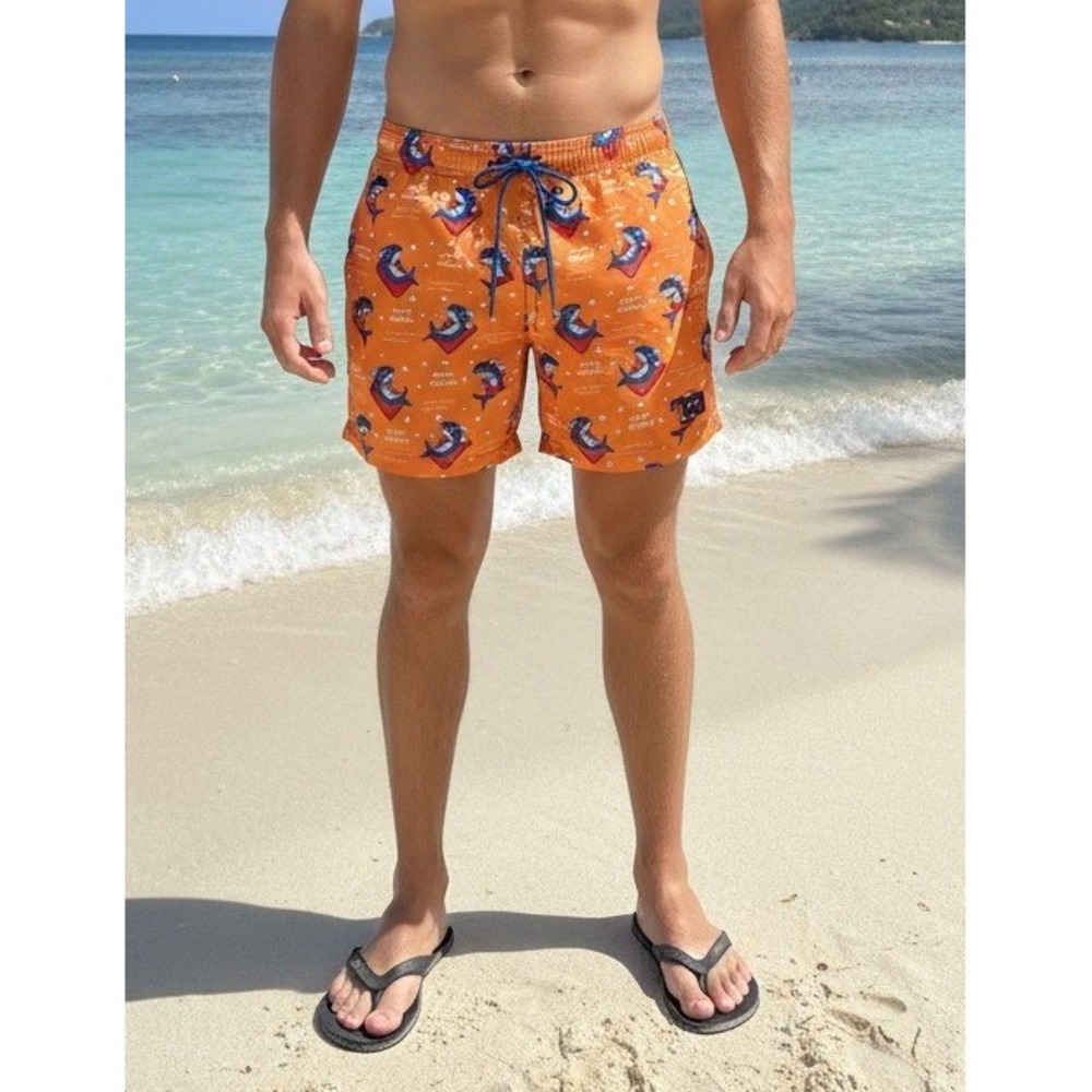 Party Sharks Men's‎ Swim Trunks Size XL Orange Shark Float Print Quick Dry NWT